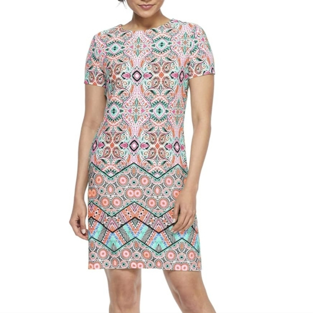 London Times Multicolor Paisley Jersey Shift Dress Size 6 Casual Boho Retro